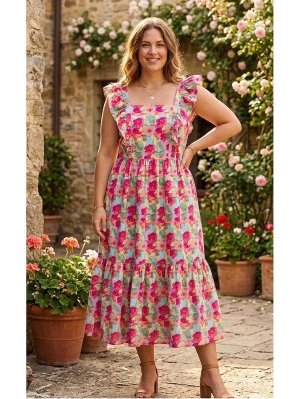 Floral Square-Neck Midi Dress in Pink and Green